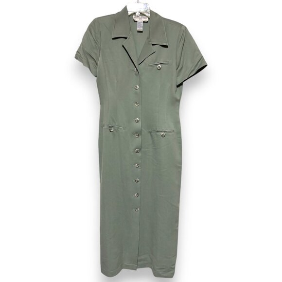 Jessica Howard VTG 90s Olive Sage Green Button Front Form Fitting Size 8 Petite - Picture 2 of 5